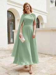 Robe de A-ligne à Col en Bijou Longueur de Mollet en Mousseline Sauge Poudrée Grande Taille