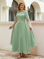 Robe de A-ligne à Col en Bijou Longueur de Mollet en Mousseline Sauge Poudrée Grande Taille