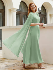 Robe de A-ligne à Col en Bijou Longueur de Mollet en Mousseline Sauge Poudrée Grande Taille