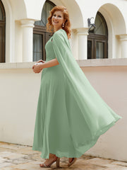 Robe de A-ligne à Col en Bijou Longueur de Mollet en Mousseline Sauge Poudrée Grande Taille