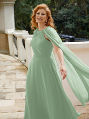 Robe de A-ligne à Col en Bijou Longueur de Mollet en Mousseline Sauge Poudrée Grande Taille