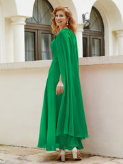 Robe de A-ligne à Col en Bijou Longueur de Mollet en Mousseline Emeraude