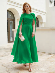 Robe de A-ligne à Col en Bijou Longueur de Mollet en Mousseline Emeraude Grande Taille
