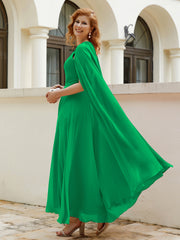 Robe de A-ligne à Col en Bijou Longueur de Mollet en Mousseline Emeraude Grande Taille