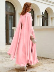 Robe de A-ligne à Col en Bijou Longueur de Mollet en Mousseline Flamant