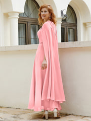 Robe de A-ligne à Col en Bijou Longueur de Mollet en Mousseline Flamant