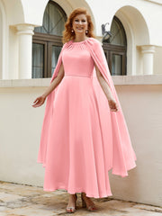 Robe de A-ligne à Col en Bijou Longueur de Mollet en Mousseline Flamant