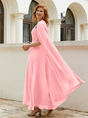Robe de A-ligne à Col en Bijou Longueur de Mollet en Mousseline Flamant