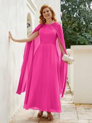 Robe de A-ligne à Col en Bijou Longueur de Mollet en Mousseline Fuchsia