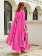 Robe de A-ligne à Col en Bijou Longueur de Mollet en Mousseline Fuchsia