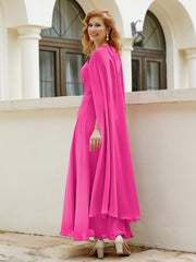 Robe de A-ligne à Col en Bijou Longueur de Mollet en Mousseline Fuchsia
