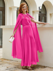 Robe de A-ligne à Col en Bijou Longueur de Mollet en Mousseline Fuchsia