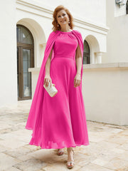 Robe de A-ligne à Col en Bijou Longueur de Mollet en Mousseline Fuchsia