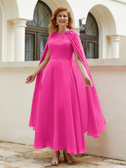 Robe de A-ligne à Col en Bijou Longueur de Mollet en Mousseline Fuchsia
