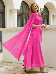 Robe de A-ligne à Col en Bijou Longueur de Mollet en Mousseline Fuchsia