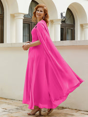 Robe de A-ligne à Col en Bijou Longueur de Mollet en Mousseline Fuchsia