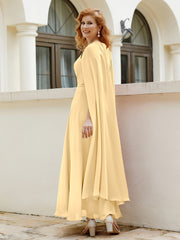 Robe de A-ligne à Col en Bijou Longueur de Mollet en Mousseline Or