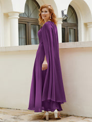 Robe de A-ligne à Col en Bijou Longueur de Mollet en Mousseline Raisin