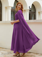 Robe de A-ligne à Col en Bijou Longueur de Mollet en Mousseline Raisin Grande Taille