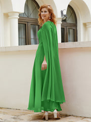 Robe de A-ligne à Col en Bijou Longueur de Mollet en Mousseline Vert