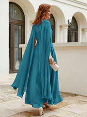 Robe de A-ligne à Col en Bijou Longueur de Mollet en Mousseline Bleu Encre