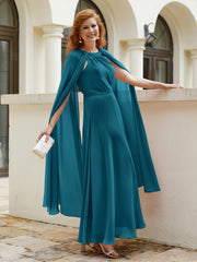 Robe de A-ligne à Col en Bijou Longueur de Mollet en Mousseline Bleu Encre Grande Taille