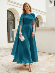 Robe de A-ligne à Col en Bijou Longueur de Mollet en Mousseline Bleu Encre