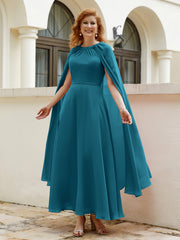 Robe de A-ligne à Col en Bijou Longueur de Mollet en Mousseline Bleu Encre