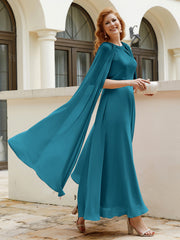 Robe de A-ligne à Col en Bijou Longueur de Mollet en Mousseline Bleu Encre