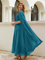 Robe de A-ligne à Col en Bijou Longueur de Mollet en Mousseline Bleu Encre Grande Taille