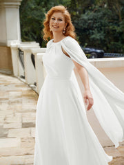 Robe de A-ligne à Col en Bijou Longueur de Mollet en Mousseline Ivoire