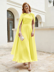 Robe de A-ligne à Col en Bijou Longueur de Mollet en Mousseline Citron Grande Taille