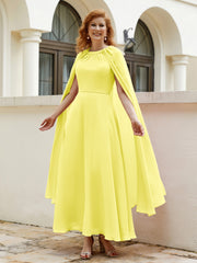 Robe de A-ligne à Col en Bijou Longueur de Mollet en Mousseline Citron