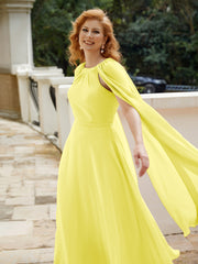 Robe de A-ligne à Col en Bijou Longueur de Mollet en Mousseline Citron Grande Taille