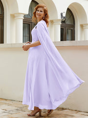 Robe de A-ligne à Col en Bijou Longueur de Mollet en Mousseline Lilas Grande Taille