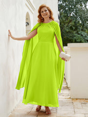 Robe de A-ligne à Col en Bijou Longueur de Mollet en Mousseline Vert Citron Grande Taille