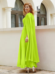 Robe de A-ligne à Col en Bijou Longueur de Mollet en Mousseline Vert Citron