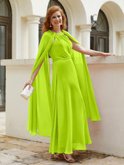 Robe de A-ligne à Col en Bijou Longueur de Mollet en Mousseline Vert Citron