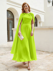 Robe de A-ligne à Col en Bijou Longueur de Mollet en Mousseline Vert Citron