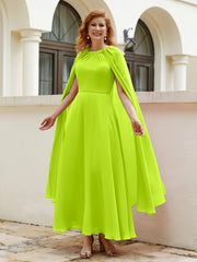 Robe de A-ligne à Col en Bijou Longueur de Mollet en Mousseline Vert Citron Grande Taille