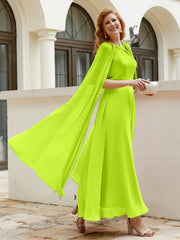 Robe de A-ligne à Col en Bijou Longueur de Mollet en Mousseline Vert Citron Grande Taille