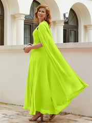 Robe de A-ligne à Col en Bijou Longueur de Mollet en Mousseline Vert Citron Grande Taille