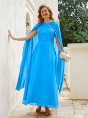 Robe de A-ligne à Col en Bijou Longueur de Mollet en Mousseline Bleu Océan Grande Taille