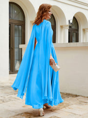 Robe de A-ligne à Col en Bijou Longueur de Mollet en Mousseline Bleu Océan Grande Taille
