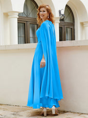 Robe de A-ligne à Col en Bijou Longueur de Mollet en Mousseline Bleu Océan Grande Taille