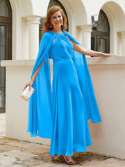 Robe de A-ligne à Col en Bijou Longueur de Mollet en Mousseline Bleu Océan Grande Taille