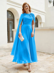 Robe de A-ligne à Col en Bijou Longueur de Mollet en Mousseline Bleu Océan Grande Taille