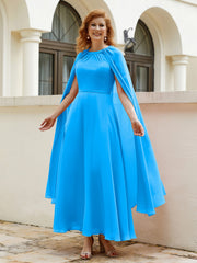Robe de A-ligne à Col en Bijou Longueur de Mollet en Mousseline Bleu Océan Grande Taille