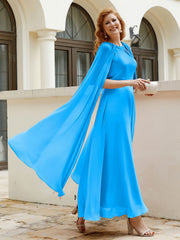 Robe de A-ligne à Col en Bijou Longueur de Mollet en Mousseline Bleu Océan Grande Taille