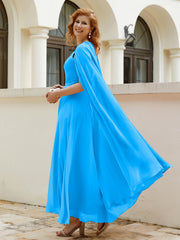 Robe de A-ligne à Col en Bijou Longueur de Mollet en Mousseline Bleu Océan
